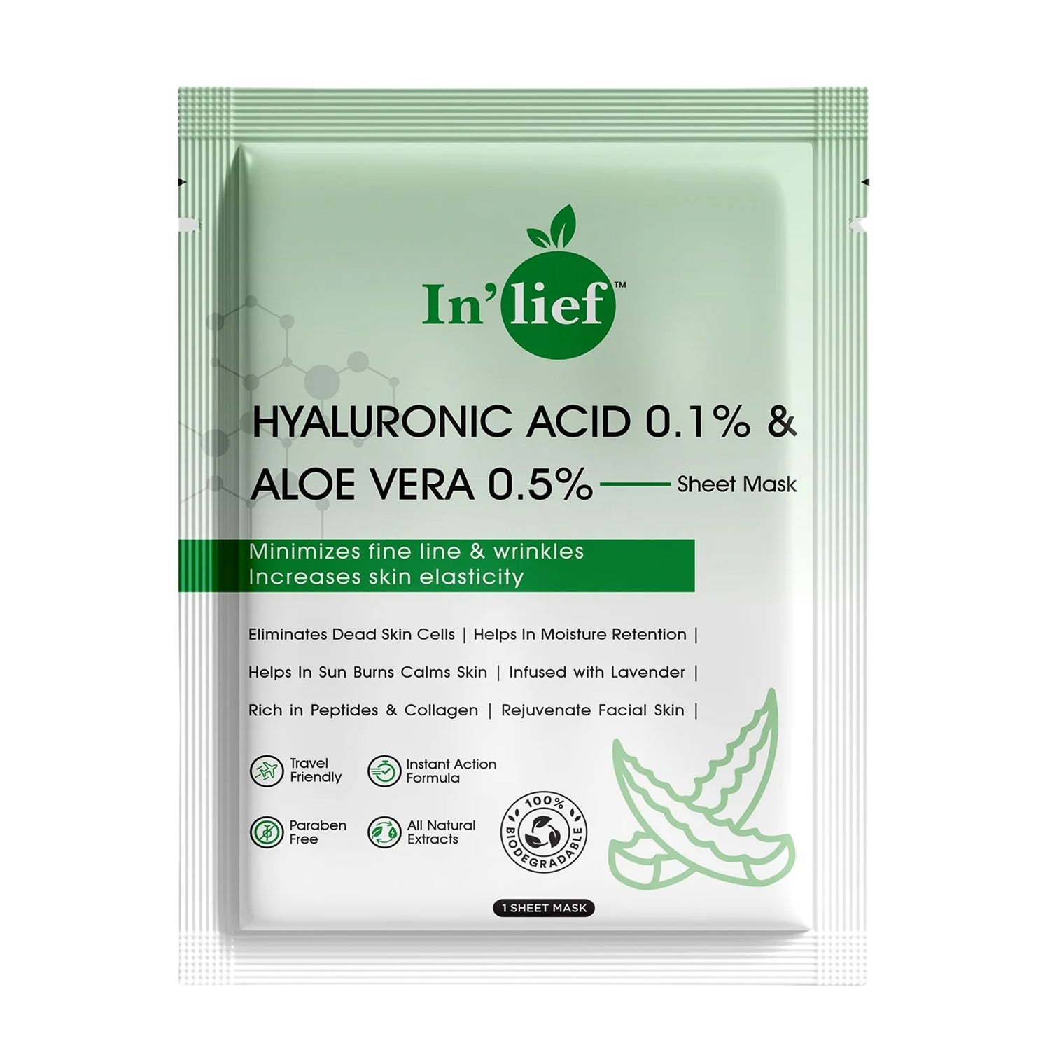 In’lief Hyaluronic Acid 0.1% & Aloe Vera 0.5% Hydrating Facial mask (1 Pc) In’lief Hyaluronic Acid 0.1% & Aloe Vera 0.5% Hydrating Facial mask (1 Pc)